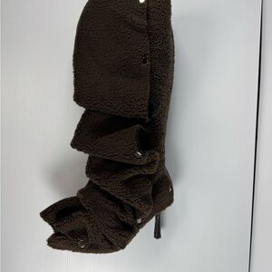 Azalea Wang Fabian Brown Faux Shearling Knee High Boots Stiletto NIB